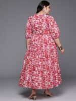 A PLUS BY AHALYAA Plus Size Floral Printed Puff Sleeves Pure Cotton Maxi Ethnic Dress - Image 5