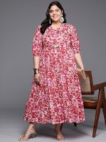 A PLUS BY AHALYAA Plus Size Floral Printed Puff Sleeves Pure Cotton Maxi Ethnic Dress - Image 6
