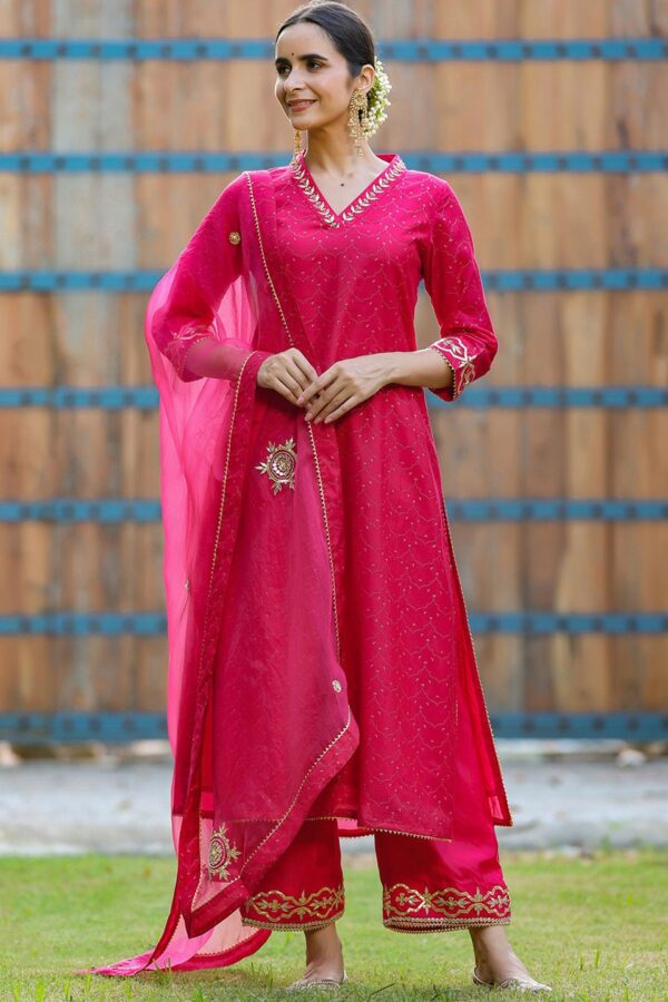 GILLORI Ethnic Motifs Printed Gotta Patti Chanderi Silk Kurta with Palazzos & Dupatta