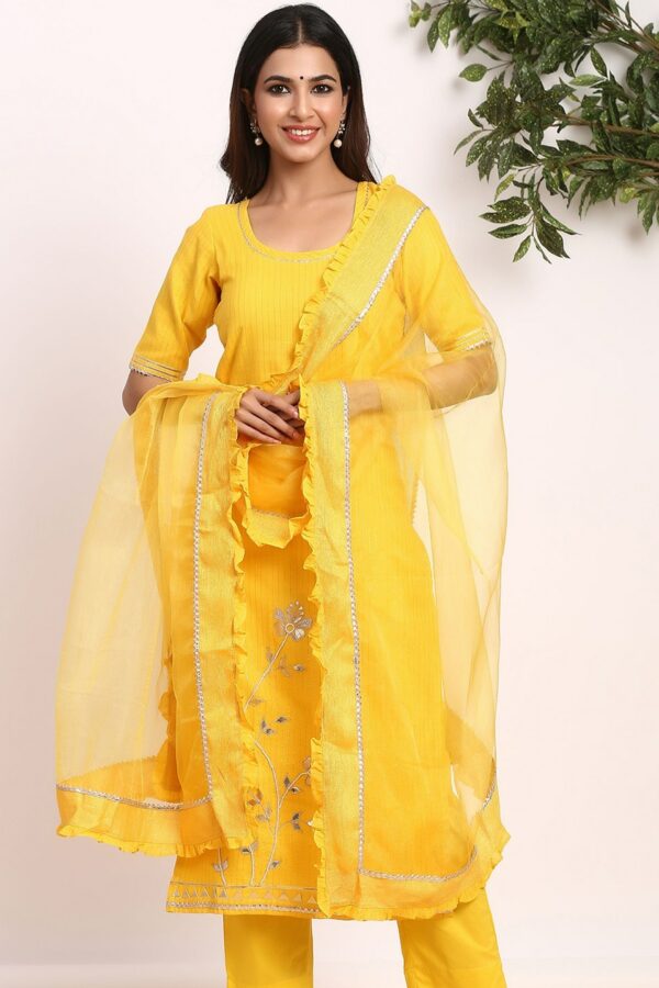 GILLORI Striped Embroidered Gotta Patti Kurta & Trousers With Dupatta