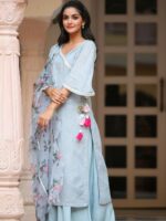 GILLORI Striped Gotta Patti Angrakha Kurta & Palazzos With Dupatta - Image 7