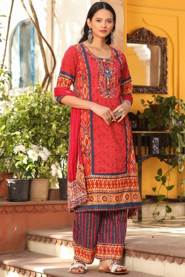Juniper Ethnic Motifs Printed Round Neck Straight Kurta with Palazzos & Dupatta