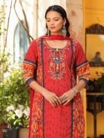 Juniper Ethnic Motifs Printed Round Neck Straight Kurta with Palazzos & Dupatta - Image 6