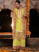 Juniper Floral Printed Gotta Patti Straight Kurta With Palazzos & Dupatta - Image 3