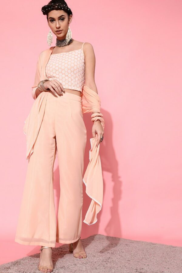 STREET 9 Women Peach-Coloured Embroidered Top with Trousers and Dupatta