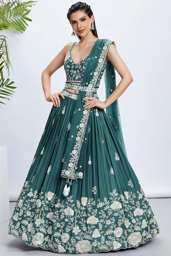 Turquoise Blue Color Sequined Georgette Embroidered Semi-Stitched Lehenga Choli