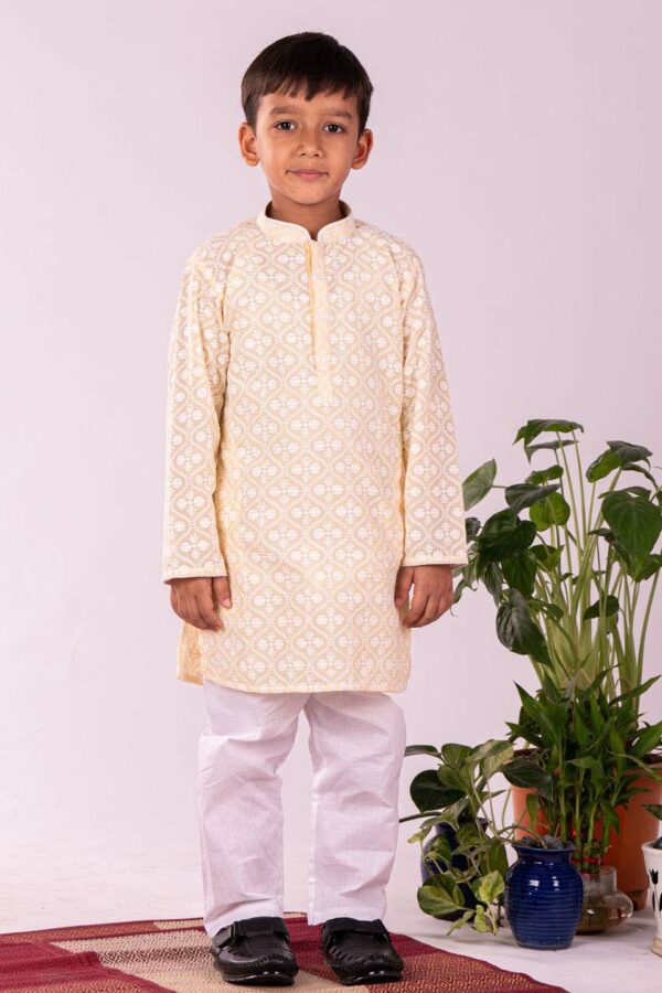 Boys' Yellow Chikankari Worked Cotton Kurta Pyjama Set