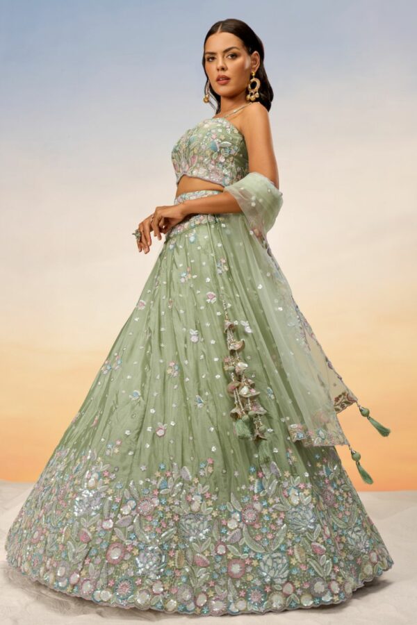 Lime green Chiffon Sequins and thread embroidery Semi-Stitched Lehenga choli & Dupatta