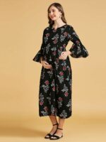 MomToBe Floral Print Cotton Maternity Fit & Flare Midi Dress - Image 3