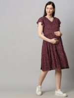 MomToBe Floral Printed Flutter Sleeves Gathered Detailed Maternity Fit & Flare Dress - Image 3
