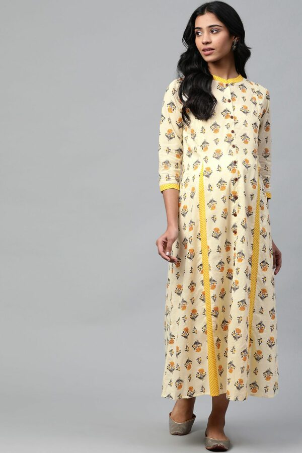 anayna Women Yellow Block Print Pure Cotton Maxi Nursing Dress