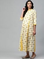 anayna Women Yellow Block Print Pure Cotton Maxi Nursing Dress - Image 3