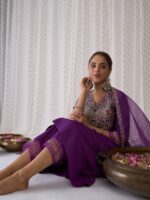 Indo Era Floral Embroidered V-Neck Liva Kurta with Trousers & Dupatta