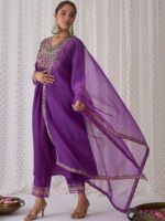 Indo Era Floral Embroidered V-Neck Liva Kurta with Trousers & Dupatta - Image 2