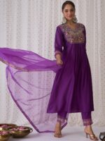 Indo Era Floral Embroidered V-Neck Liva Kurta with Trousers & Dupatta - Image 3