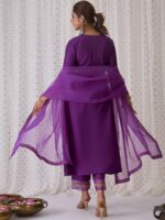 Indo Era Floral Embroidered V-Neck Liva Kurta with Trousers & Dupatta - Image 4