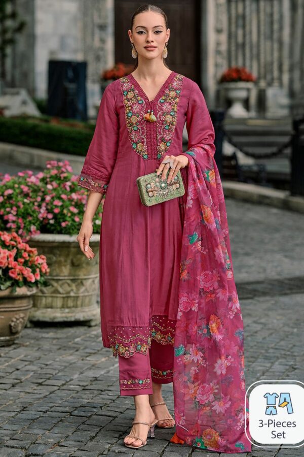 Indo Era Floral Yoke Design Thread Work A-Line Kurta With Trousers & Dupatta