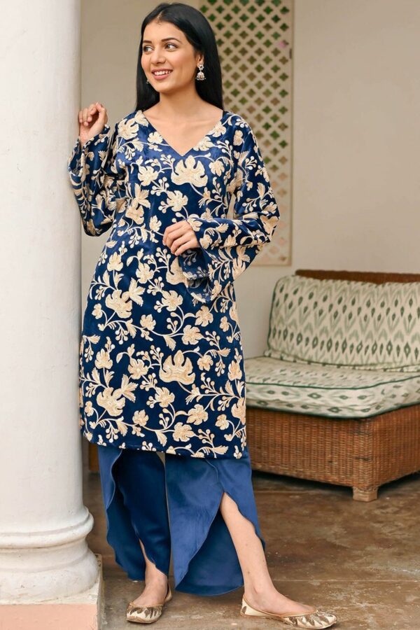 Lavanya The Label Floral Embroidered Regular Aari Work Velvet Kurta with Dhoti Pants
