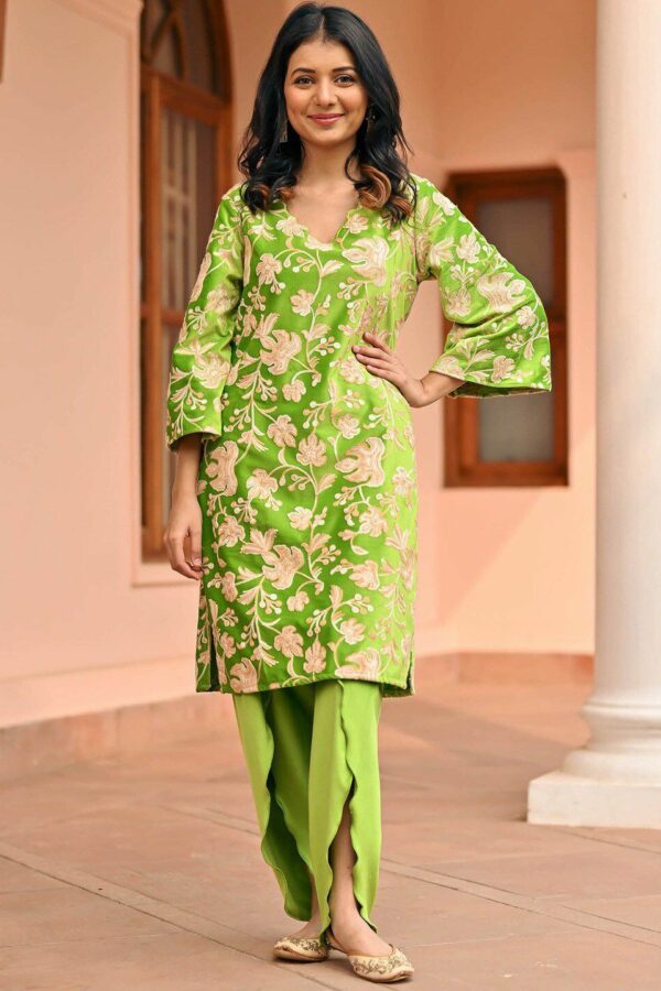 Lavanya The Label Floral Embroidered Regular Aari Work Velvet Kurta with Dhoti Pants