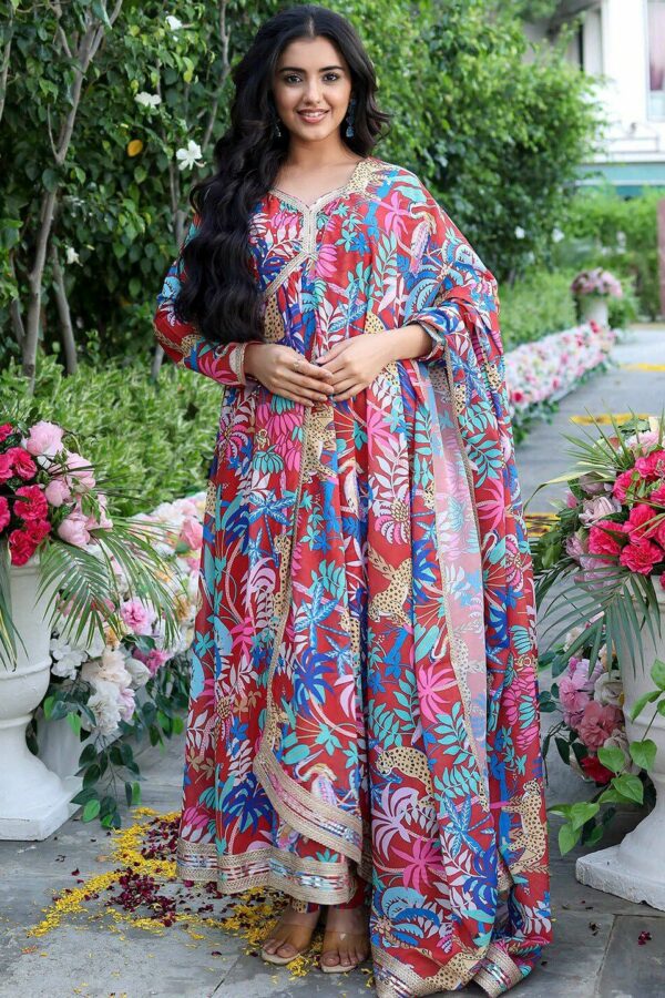 Lavanya The Label Floral Printed V-Neck Sequinned Anarkali Kurta With Palazzos & Dupatta