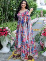 Lavanya The Label Floral Printed V-Neck Sequinned Anarkali Kurta With Palazzos & Dupatta - Image 3