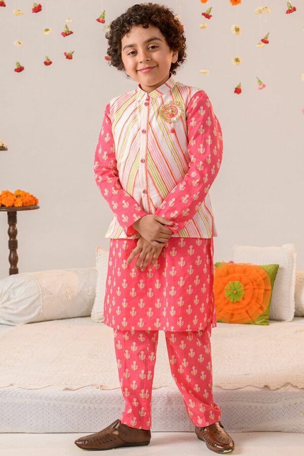 pspeaches Boys Ethnic Motifs Printed Pure Cotton Kurta with Pyjamas & Nahru Jacket