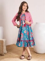 pspeaches Floral Print Round Neck Sleeveless A-Line Midi Dress With Jacket
