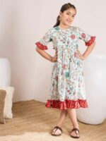 pspeaches Floral Printed Bell Sleeves Cotton A-Line Midi Dress