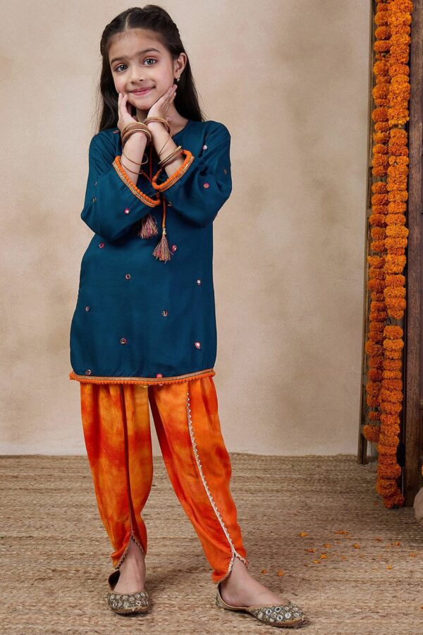 pspeaches Girls Embroidered Tie-Up Neck Mirror Work A-Line Kurta With Dhoti Pants