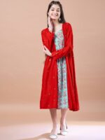 pspeaches Girls Ethnic Motifs Print Cotton Round Neck A-Line Midi Dress With Shrug