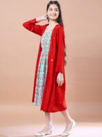 pspeaches Girls Ethnic Motifs Print Cotton Round Neck A-Line Midi Dress With Shrug - Image 3