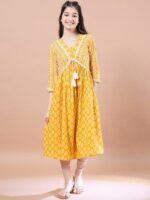 pspeaches Girls Ethnic Motifs Print Cotton V-Neck A-Line Midi Dress