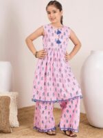 pspeaches Girls Ethnic Motifs Printed Pleated A-Line Pure Cotton Kurta with Palazzo - Image 4