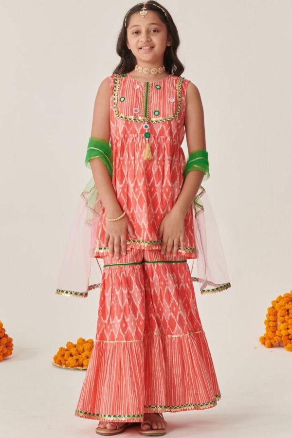 pspeaches Girls Ethnic Motifs Printed Regular Gotta Patti Kurta with Sharara & With Dupatta