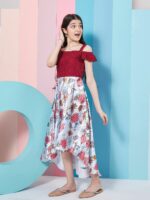 pspeaches Girls Floral Printed Cold-Shoulder Satin Fit & Flare Midi Dress - Image 3