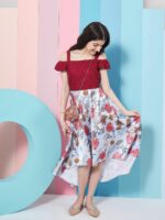 pspeaches Girls Floral Printed Cold-Shoulder Satin Fit & Flare Midi Dress - Image 5