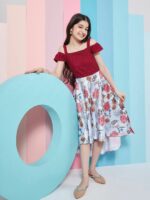 pspeaches Girls Floral Printed Cold-Shoulder Satin Fit & Flare Midi Dress - Image 6