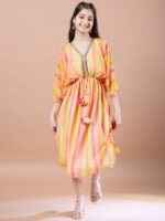 pspeaches Girls Striped Georgette V-Neck Kimono Sleeves A-Line Midi Dress
