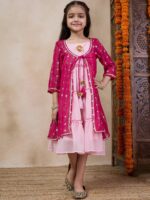 pspeaches Girls Tiered Sleeveless A-Line Midi Georgette Ethnic Dress With Embroidered Shrug