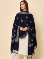 Women Navy Blue Embroidered Ethnic Shawl