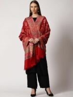 SWI Stylish Women Floral Woven Design Kani Wool Shawl With Fringed Border