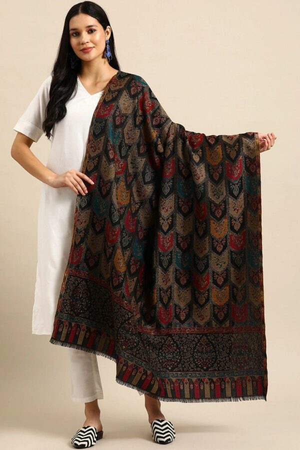 Sangria Black Ethnic Motifs Woven Design Shawl