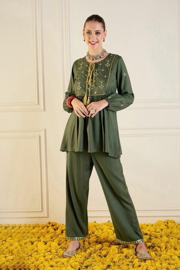 Shae by SASSAFRAS Embroidered Peplum Top With Palazzo Co-Ords