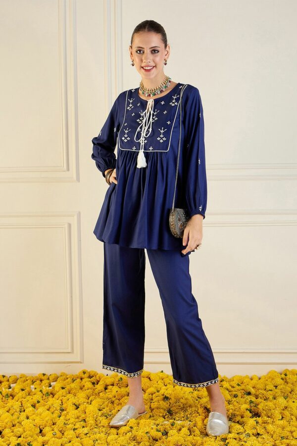 Shae by SASSAFRAS Embroidered Peplum Top With Palazzo Co-Ords