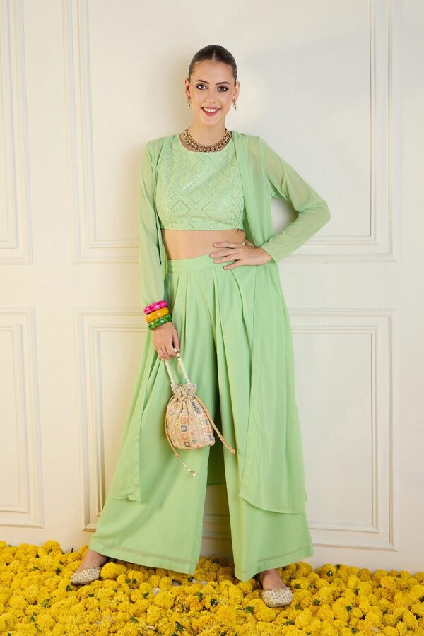 Shae by SASSAFRAS Embroidered Top, Shrug & Palazzos Co-Ords