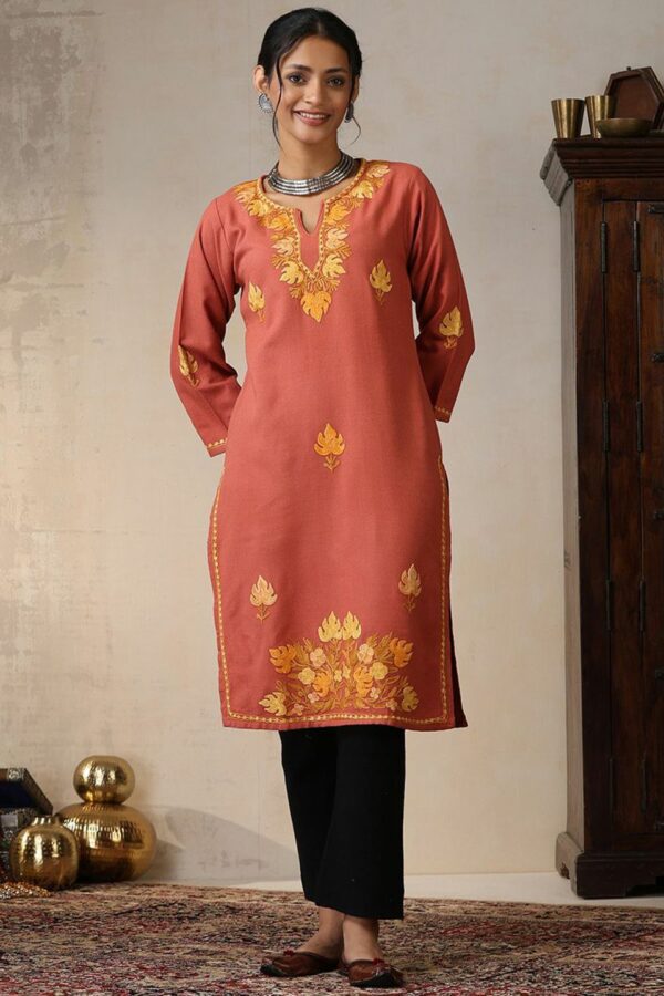 House of Chikankari Ethnic Motifs Embroidered Aari Work Woollen Straight Kurta