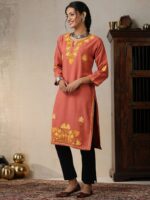 House of Chikankari Ethnic Motifs Embroidered Aari Work Woollen Straight Kurta - Image 3