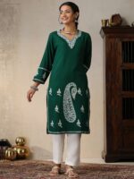 House of Chikankari Ethnic Motifs Embroidered Thread Work Woollen Straight Kurta
