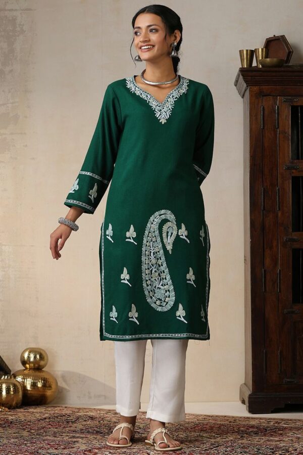 House of Chikankari Ethnic Motifs Embroidered Thread Work Woollen Straight Kurta