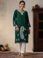 House of Chikankari Ethnic Motifs Embroidered Thread Work Woollen Straight Kurta - Image 2